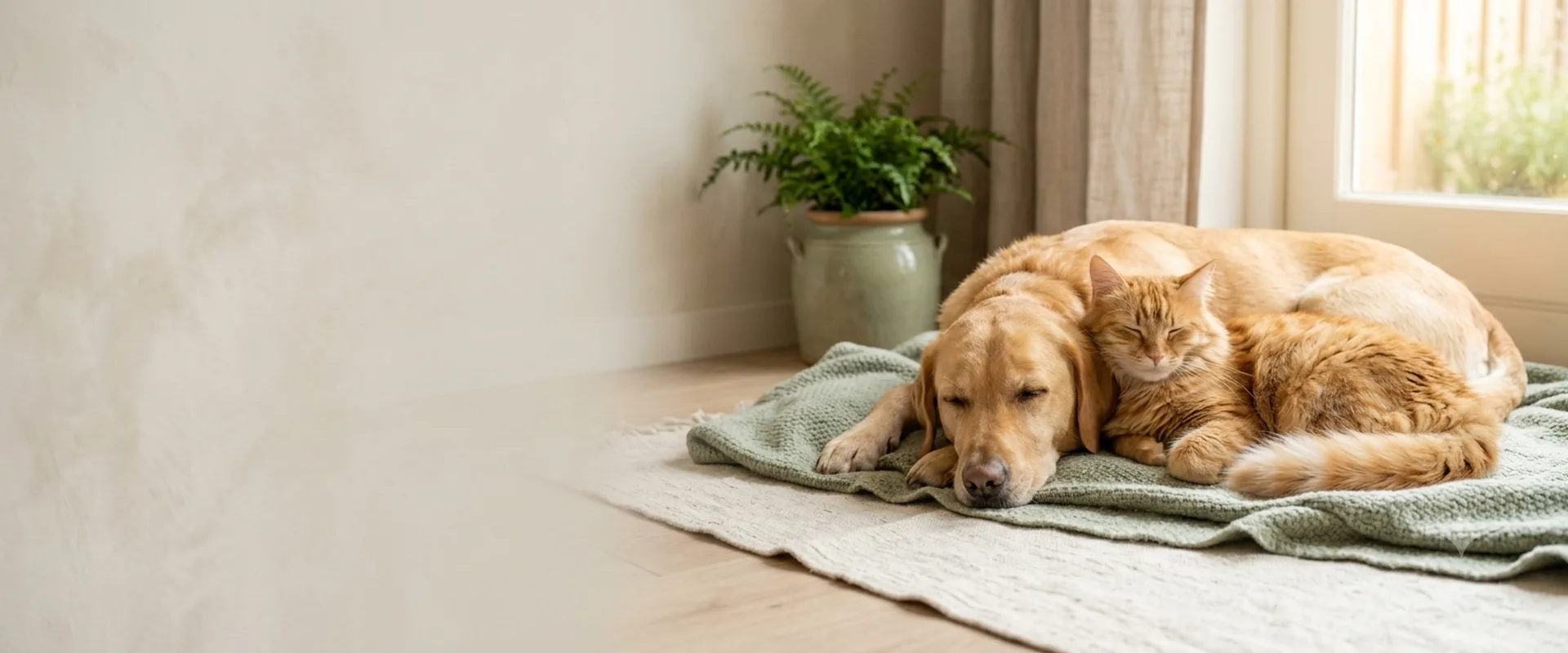 Perro y gato descansando juntos sobre una manta