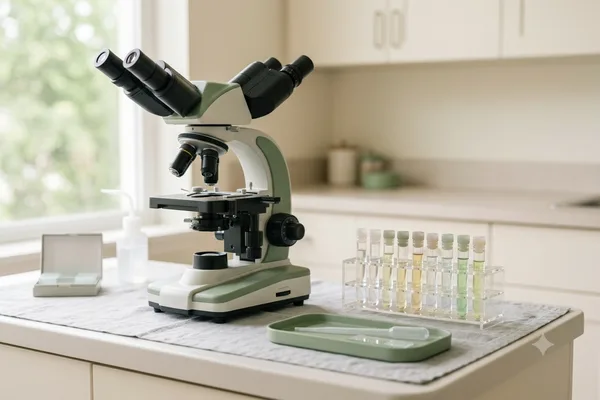 Microscopio y tubos de muestra en el laboratorio