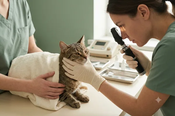 Revisación oftalmológica a un gato con oftalmoscopio